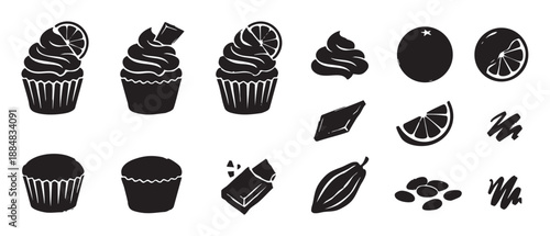 Collection of black dessert and ingredient icons including cupcakes, chocolate, and citrus fruit slices in a hand-drawn graphic style for confectionery and baking themes