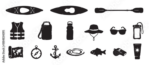 Black kayaking and canoeing adventure icon set with essential gear like a paddle, life vest, dry bag, and compass in a rustic hand-drawn style