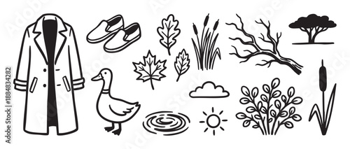 Collection of hand-drawn black and white autumn icons including a coat, shoes, duck, leaves, and nature elements in a simple doodle style for seasonal concepts