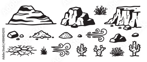 Set of hand-drawn desert landscape elements featuring rocks, mountains, cacti, and wind swirls in a minimalist black and white graphic illustration style for nature themes