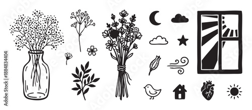 Set of hand-drawn black ink icons featuring flowers in a vase, a wildflower bouquet, moon, sun, heart, and home elements in a charming and rustic doodle linocut style