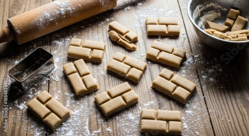 Homemade Brick Cookies on Wooden Table with Rolling Pin and Metal Bowl for Commercial Use