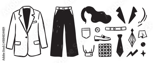Hand drawn doodle illustration set of clothing and accessories for a business suit, including a jacket, trousers, shoe, and tie in a sketchy black and white monochrome style