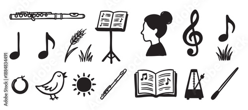 Set of black linocut style music illustrations including a flute, sheet music, metronome, treble clef, musician silhouette, and nature doodles like a bird, sun, and wheat stalk