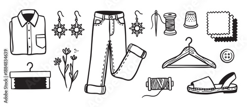 Hand-drawn black and white clothing doodles featuring a shirt, jeans, sewing tools, and fashion accessories in a simple sketch style illustration set for creative projects