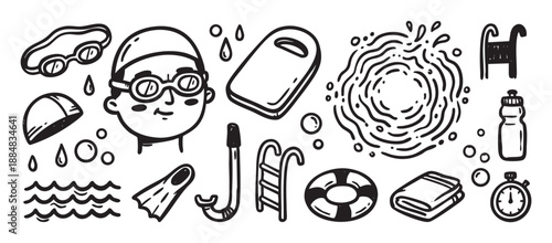 Set of hand-drawn swimming pool equipment and accessories in a simple black and white doodle style, featuring a swimmer's face, goggles, cap, flippers, and a stopwatch