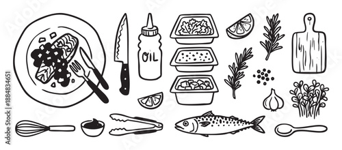Hand-drawn set of black and white cooking icons featuring a plated fish meal, raw mackerel, kitchen utensils, and fresh ingredients for a seafood recipe in a doodle style