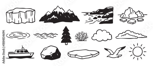 Collection of hand-drawn monochrome doodle icons depicting arctic and northern landscape elements like an iceberg, snowy mountains, a boat, a pine tree, a bird, and the sun