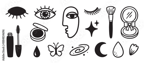 Collection of black and white hand-drawn beauty icons featuring mascara, eyeshadow, an abstract face, eyes, and celestial elements like stars and a moon in a minimalist doodle style