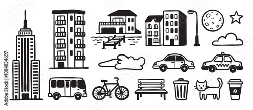 Collection of hand-drawn city life icons featuring a skyscraper, bus, taxi, cat, and coffee cup in a charming black and white minimalist doodle illustration style