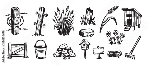 Hand-drawn collection of rustic farm elements including a fence, chicken coop, bucket, rake, and birdhouse, rendered in a bold black and white graphic illustration style