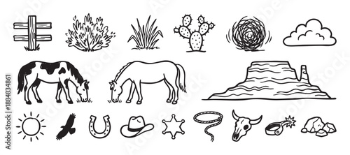 Set of hand-drawn wild west icons featuring a horse, cactus, cowboy hat, and sheriff badge in a black and white doodle style illustration collection for western themes