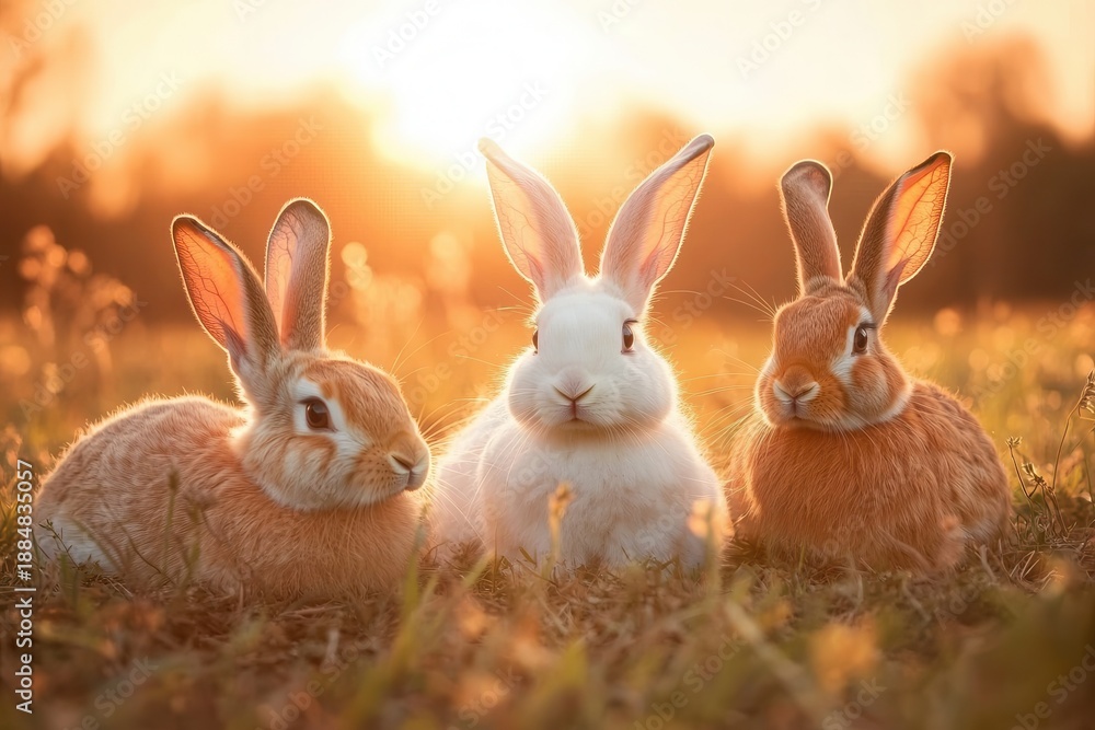 Fototapeta premium Three rabbits resting in field at sunset