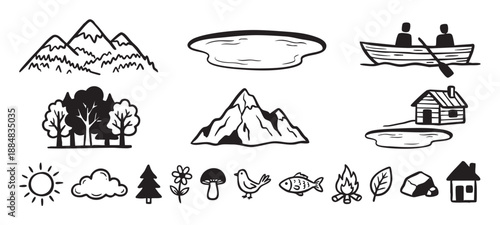 Set of hand-drawn black ink icons depicting nature, camping, and outdoor adventure elements like mountains, a forest, a boat, and a log cabin in a simple doodle style
