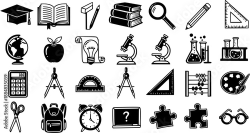 Education School Supplies and Academic Tools Black and White Glyph Vector Icons Set. Simple Learning and Studying Elements Collection.