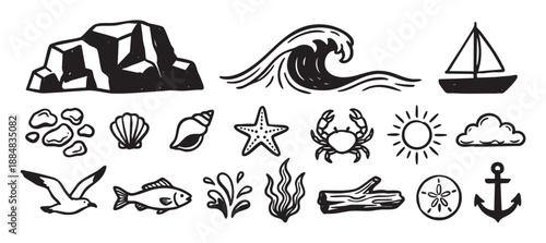 Collection of hand-drawn nautical icons in a simple black and white doodle style, featuring a wave, sailboat, crab, anchor, seashell, and other marine life elements
