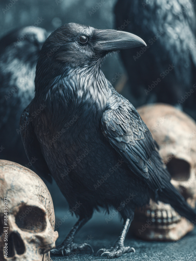 Fototapeta premium Mysterious raven perched among ancient skulls in a dark, moody setting evoking themes of mystery, nature, and the passage of time