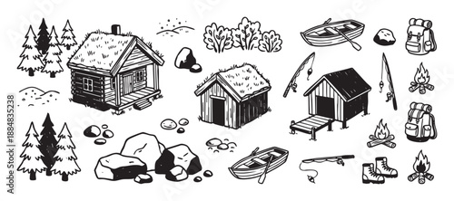 Collection of hand-drawn camping and hiking illustrations featuring a log cabin, boat, campfire, and forest elements in a black and white doodle style for outdoor adventure themes