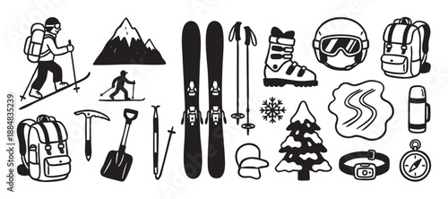 Set of hand-drawn ski touring icons featuring a skier, mountains, skis, boots, helmet, and other winter adventure equipment in a simple black and white graphic style