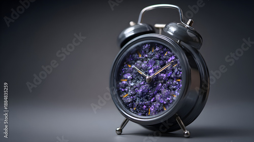 Alarm clock dial filled with sparkling purple crystals