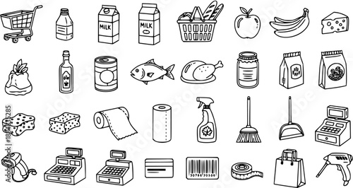 Hand-Drawn Black and White Line Art Supermarket and Grocery Shopping Icons Collection - Retail Food and Household Items Doodle Set