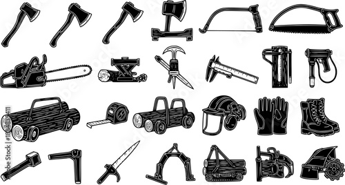 Forestry Logging Lumberjack Tools and Equipment Vector Set - Black  White Line Art Glyphs