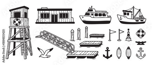 Collection of black and white nautical illustrations featuring a lifeguard tower, houseboat, ferry, fishing boat, and various harbor elements like a dock, anchor, and buoy