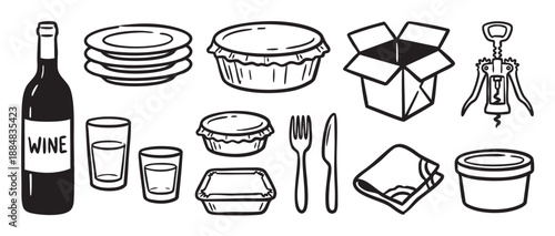Collection of hand-drawn food delivery icons including a wine bottle, plates, takeout containers, and cutlery in a simple black and white doodle style illustration set