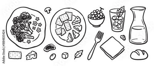 Hand-drawn food doodle collection featuring cheese, crackers, broccoli, grapes, and a drink in a minimalist black and white line art illustration style