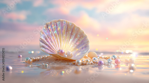 Iridescent seashell with pearls on beach during sunset