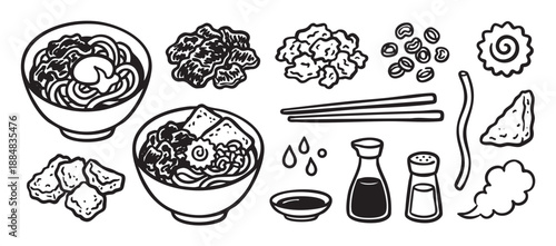 Set of black and white Asian food illustrations featuring ramen noodle bowls, tempura, tofu, narutomaki, chopsticks, and soy sauce in a simple line art doodle style
