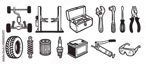 Collection of car repair tools and parts icons including a chassis, lift, toolbox, wrench, tire, battery, and spark plug in a bold black and white line art illustration style