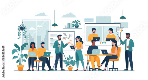 Diverse Professionals Working Together in Modern Office.