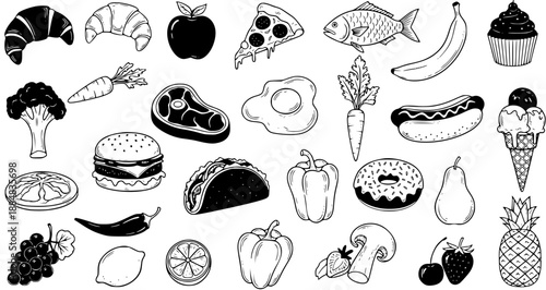 Hand Drawn Black and White Line Art Food Icons Collection. Set of Various Healthy and Unhealthy Food Items from Fruits to Fast Food.
