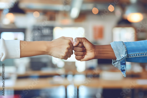 Close-up of two hands performing a fist bump in a modern office setting