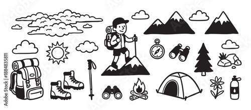 Set of hand-drawn hiking and camping icons featuring a backpacker, mountains, tent, and outdoor equipment in a simple black and white doodle style for adventure themes