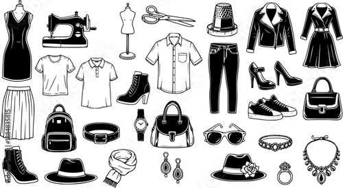 Black and White Line Art Collection of Fashionable Clothing, Accessories, and Sewing Machine