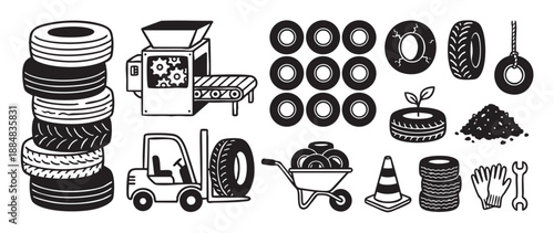 Hand-drawn black and white icon collection illustrating the tire recycling process with a shredder, forklift, rubber crumb, and repurposed tires
