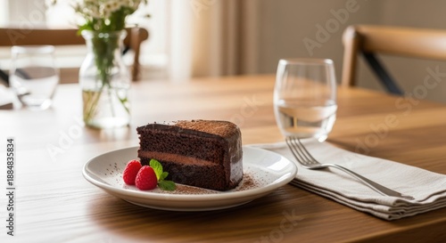 Indulge in Decadence: Chocolate Cake with Raspberries on a Wooden Table