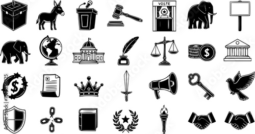 Black and White Glyph Icons Set: Politics, Government, Law, and Civic Symbols - Vector Collection for Democracy and Justice Themes