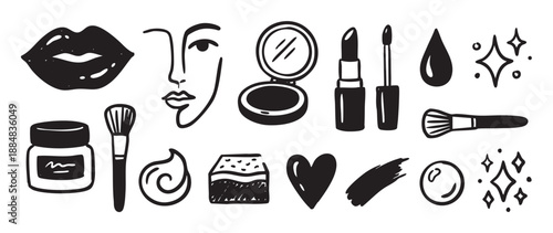 Collection of hand-drawn black beauty icons with various cosmetic elements like lipstick, makeup brushes, lips, and a compact mirror in a minimalist doodle art style