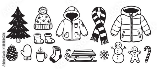 Collection of black and white winter icons featuring warm clothes, a snowman, a Christmas tree, and a sled in a cute, simple, hand-drawn graphic illustration style