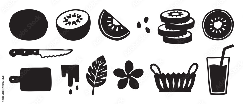 Fototapeta premium Set of black hand-drawn kiwi fruit icons showing whole, sliced, and juiced fruit with a knife, cutting board, and basket in a simple graphic linocut style illustration