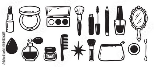Hand-drawn black and white cosmetic product icons arranged in a set, featuring lipstick, mascara, brushes, and nail polish in a simple, playful doodle style for a beauty concept