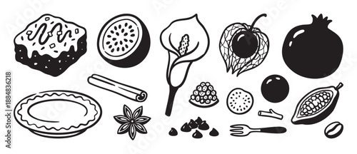 Collection of black and white food and floral icons, including a brownie, passion fruit, calla lily, cacao pod, and spices, rendered in a bold, graphic hand-drawn doodle style