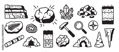 Collection of black and white geology illustrations in a simple hand-drawn linocut style, showing fossils, crystals, minerals, rocks, caves, and exploration equipment