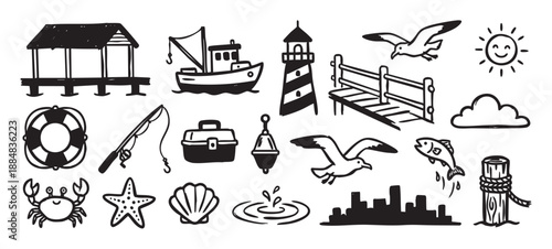 Set of hand-drawn nautical icons featuring a fishing boat, lighthouse, seagull, crab, and other marine elements in a simple black and white doodle style illustration