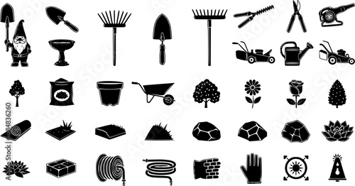 Gardening and Landscaping Black Glyph Icons Set. Solid Silhouette Symbols of Garden Tools, Plants, and Outdoor Elements for Horticulture Design Projects.