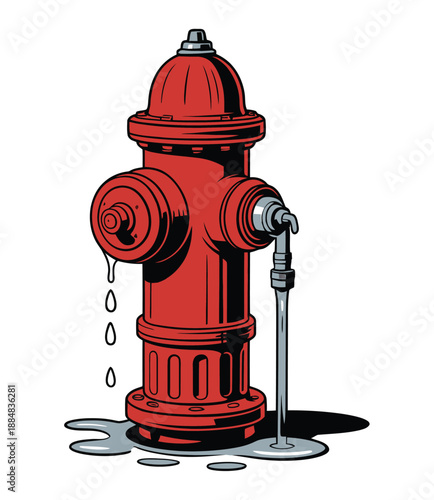 A red fire hydrant with water dripping from it stands alone on a white background