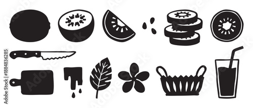 Set of black hand-drawn kiwi fruit icons showing whole, sliced, and juiced fruit with a knife, cutting board, and basket in a simple graphic linocut style illustration